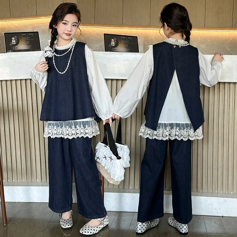 女童春秋款套装2025新款儿童春季牛仔马甲大童女孩阔腿裤三件套潮