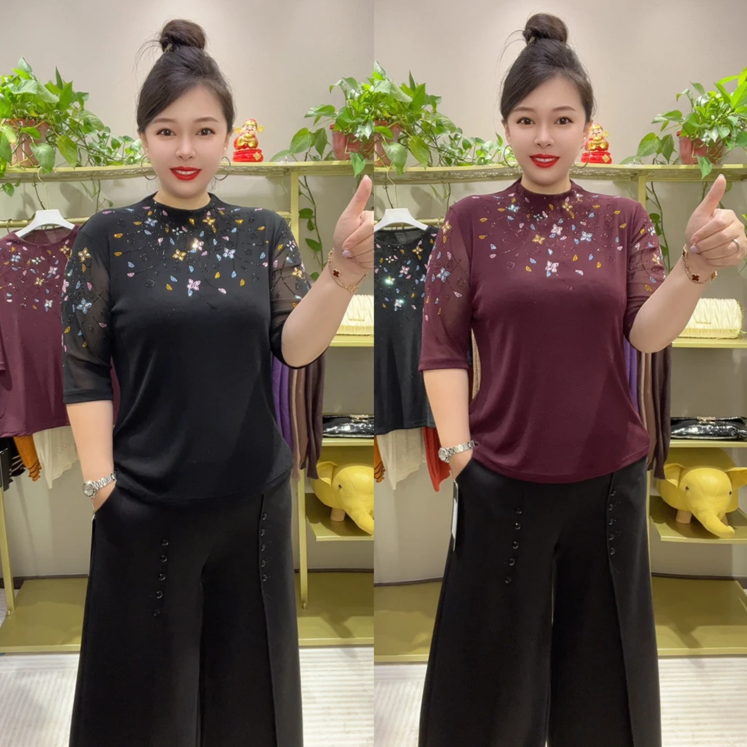 9825早秋新款五彩烫钻中袖加肥加大美衫