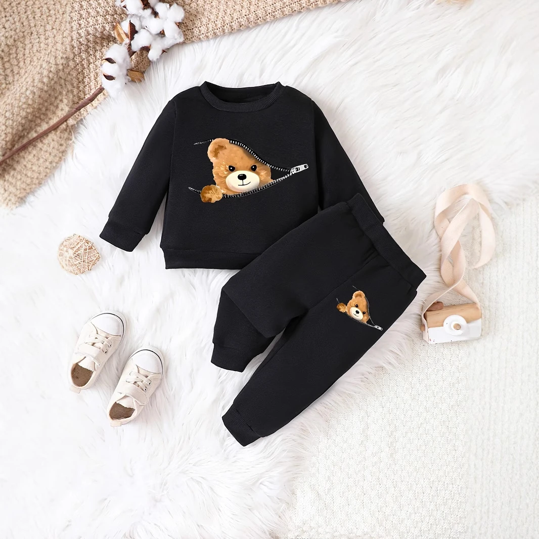 童装宝宝婴幼小童男宝宝春秋款小熊烫画长袖上衣长裤黑色时尚套装