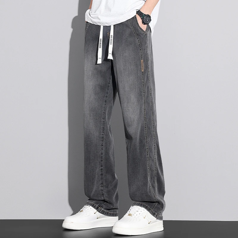 2025新款美式高街冰丝宽松直筒休闲长裤子夏季薄款男士水洗牛仔裤