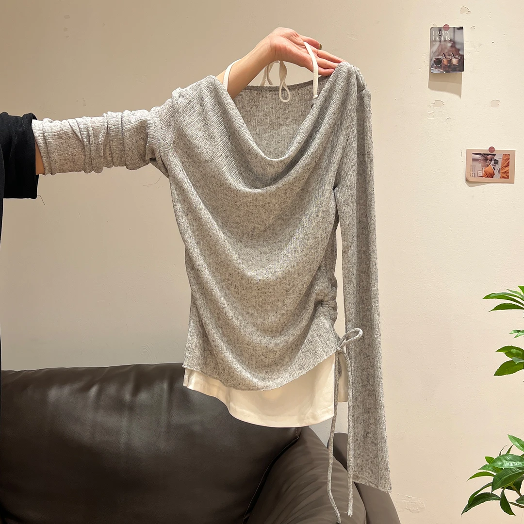 秋季纯欲风串珠系带挂脖长袖T恤女设计感假两件褶皱掐腰拼接上衣