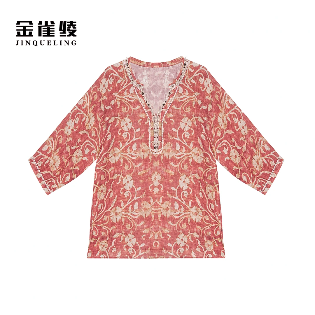 金雀绫【杨妃醉】法式设计师感印花宽松大码女装衬衫SZA1S168