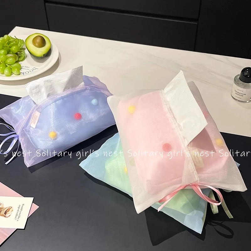 高颜值网纱纸巾盒车载客厅卧室奶乎乎创意蝴蝶结抽纸盒纸巾收纳袋