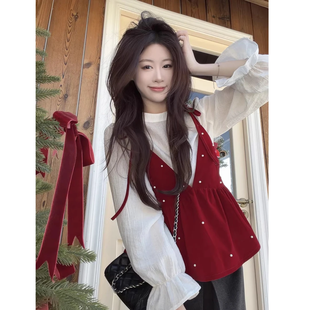 新年氛围感白色长袖宽松衬衫女装秋冬季叠穿系带珍珠背心两件套