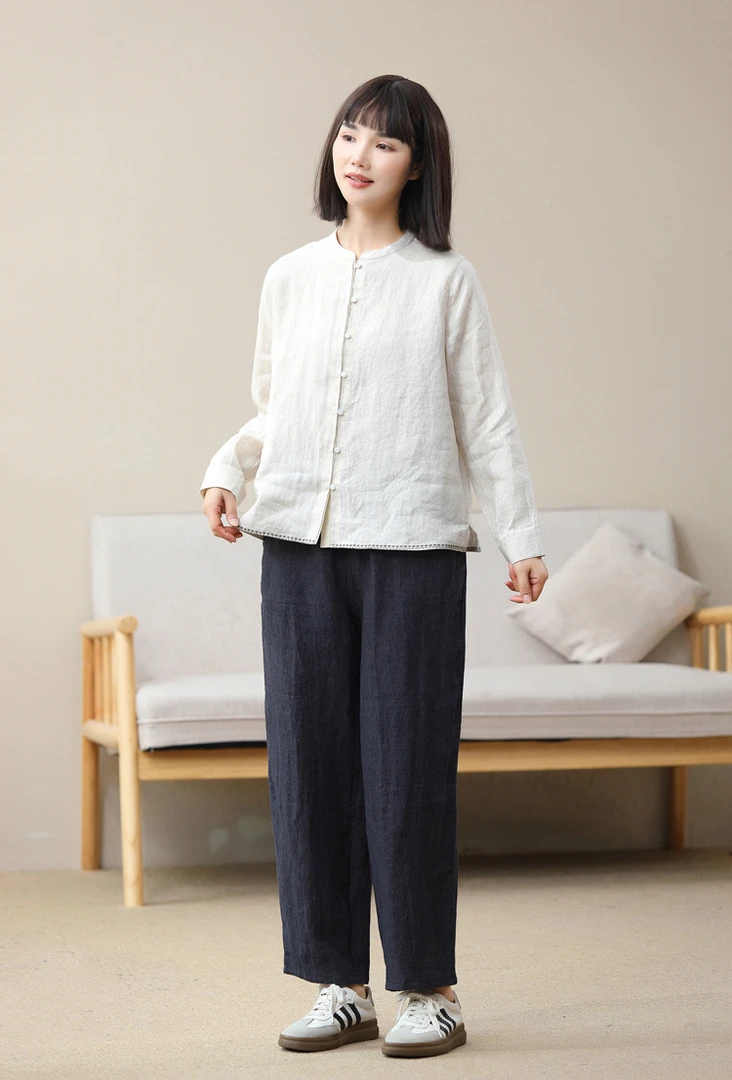 【素静】新款60支雨露汉麻圆领长袖纯色刺绣文艺休闲宽松衬衫-5107