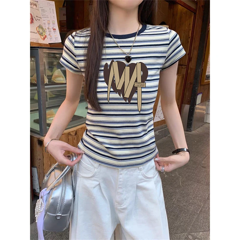 领口拼色条纹正肩圆领短袖t恤女潮2025夏季时尚百搭洋气减龄上衣