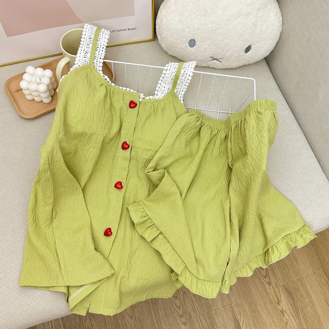 夏季韩版新款吊带开衫睡衣女带胸垫纯色简约夏日云朵棉家居服套装