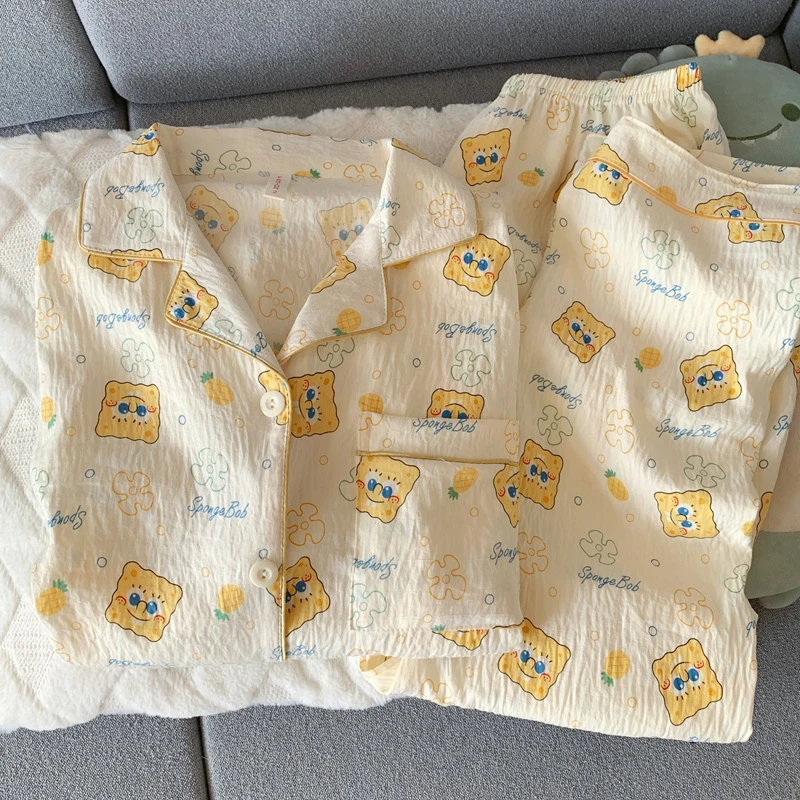 奶黄海绵宝宝睡衣女春秋季云朵棉长袖2025新款卡通少女家居服套装