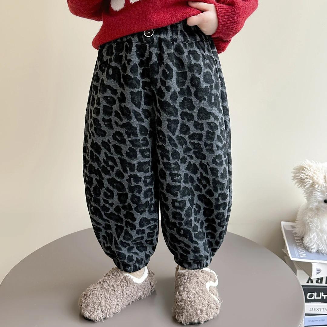 女童豹纹加绒裤洋气小女孩秋冬装时髦女宝宝一体绒卫衣小童加厚潮