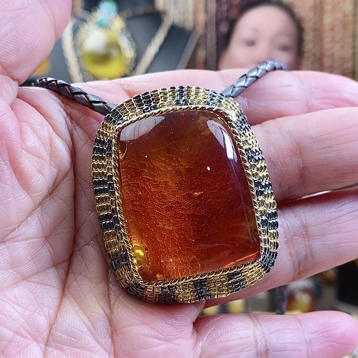 琥珀颈饰银S925镶嵌净水吊坠