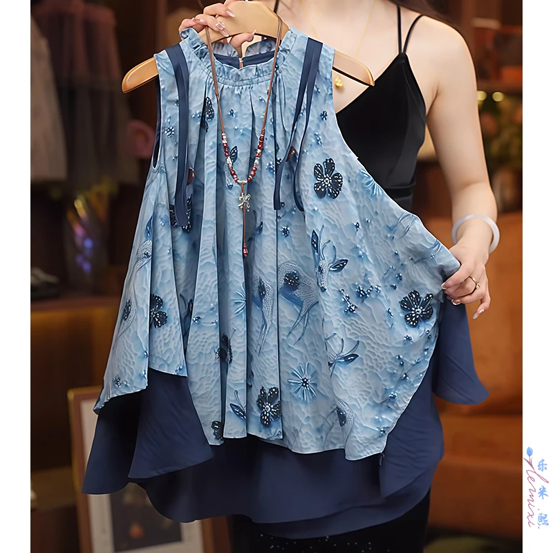 女童无袖连衣裙2025夏季假两件不规则印花背心裙公主裙薄款沙滩裙