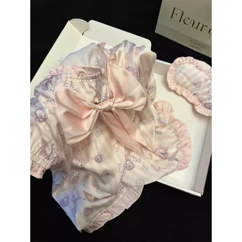 少女感蝴蝶结缎面冰丝睡衣女夏季2025款甜美风短袖短裤家居服套装