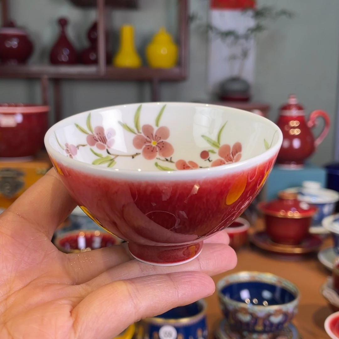 清欢雅玩原矿郎红内绘桃花鸡心杯