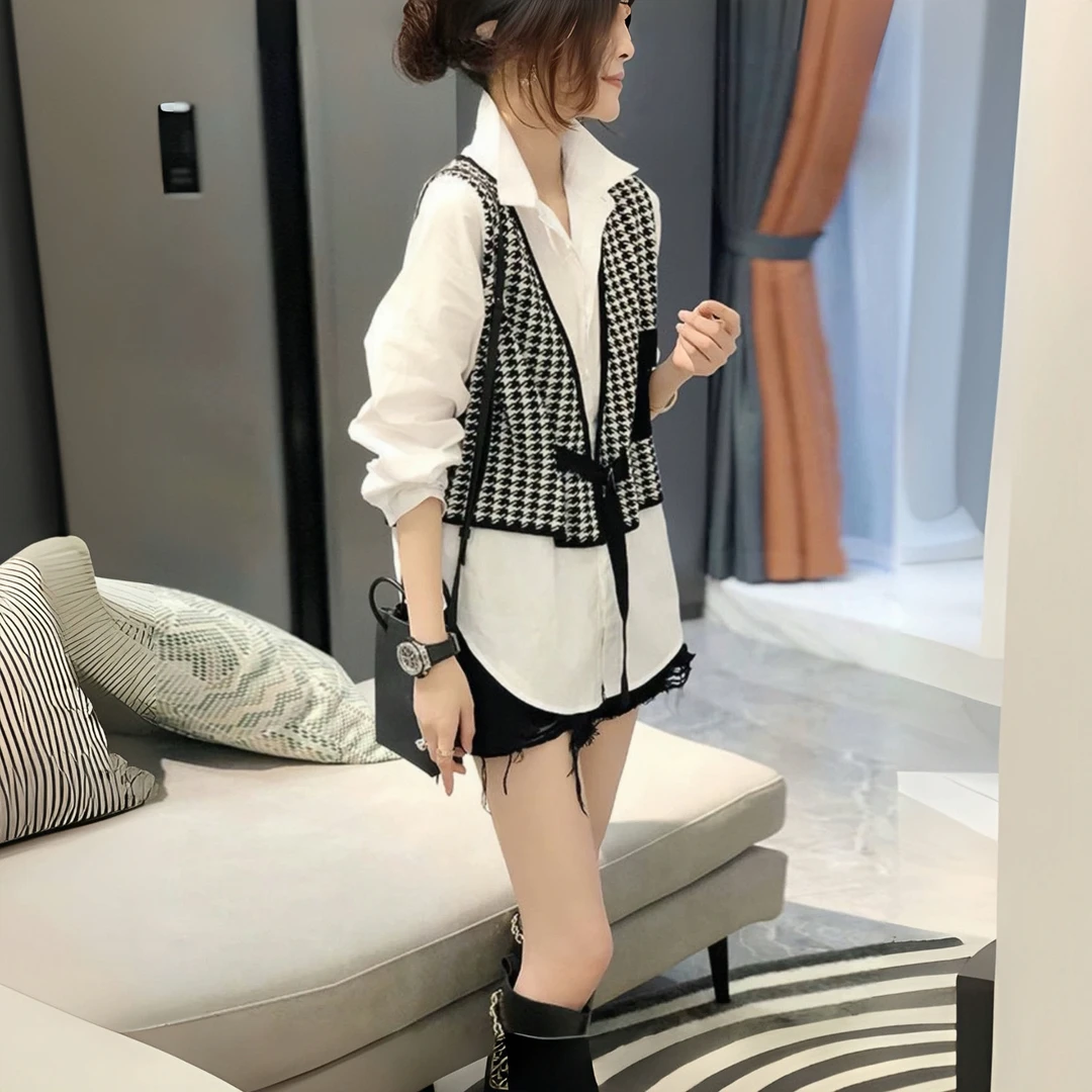 1022春秋经典造型 白色衬衫➕千鸟格马甲 套装俩件套