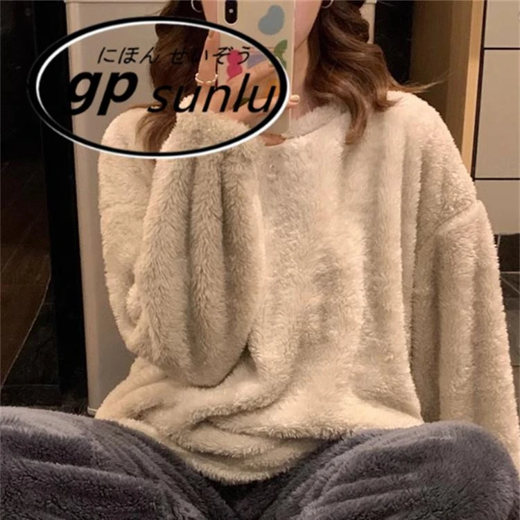 日本GP珊瑚绒睡衣女秋冬季加厚加绒保暖套装法兰绒休闲简约家居服