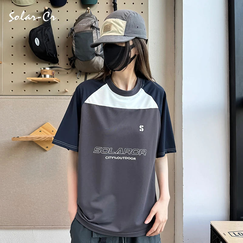 solarcr夏季速干休闲短袖撞色运动薄款T恤时尚拼接印花圆领上衣