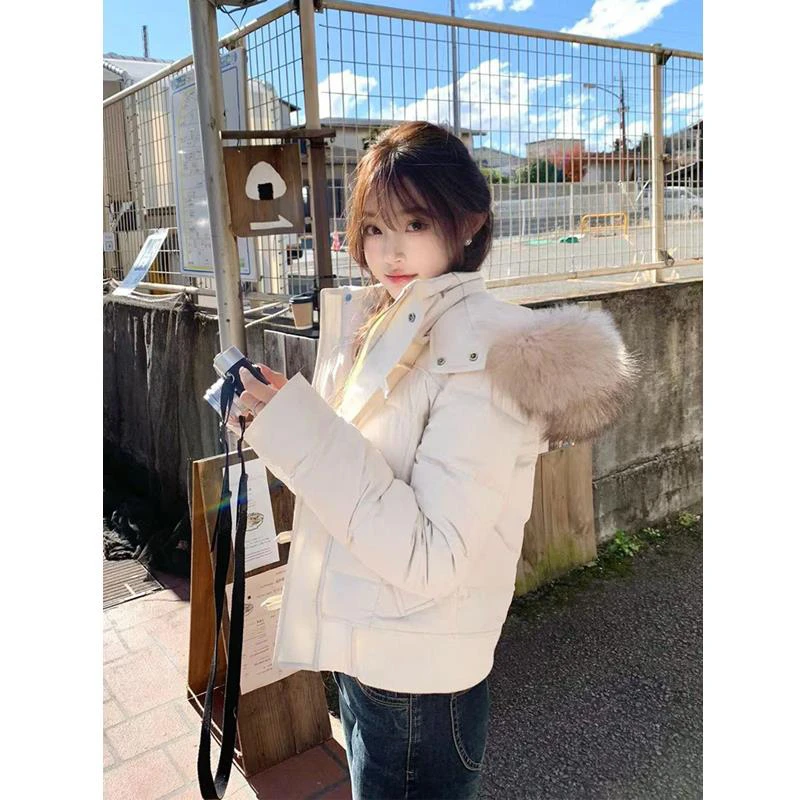 大毛领连帽羽绒棉服女冬季新款设计感小个子短款加厚保暖加绒外套