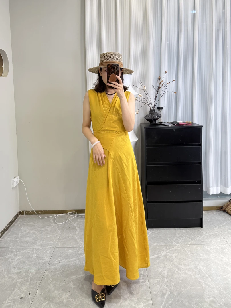 夏季A字裙V领休闲显瘦复古收腰法式连衣裙00661