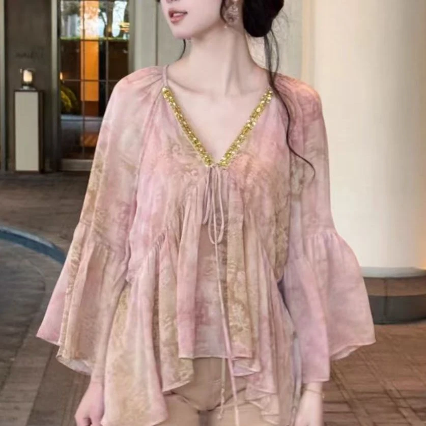 【清】大码显瘦遮肉雪纺衬衫夏季长袖衬衣粉色小众设计感上衣-6772