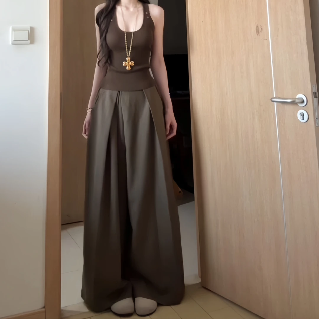 【妮可】美式辣妹风基础法则纽扣U领吊带背心阔腿裤套装