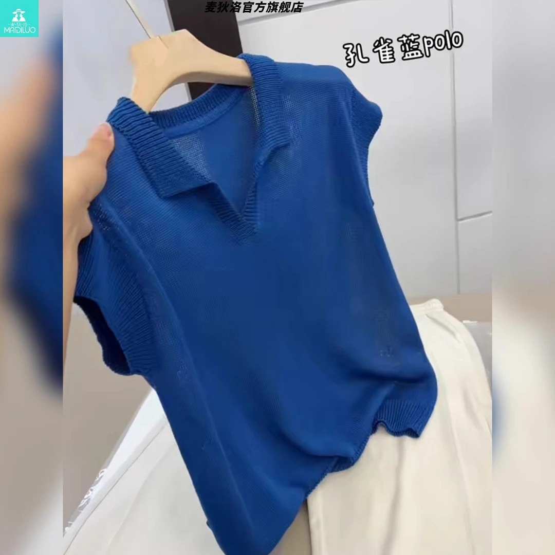 精品欧货大牌蓝色polo领冰丝针织短袖t恤女夏季时尚洋气显白上衣