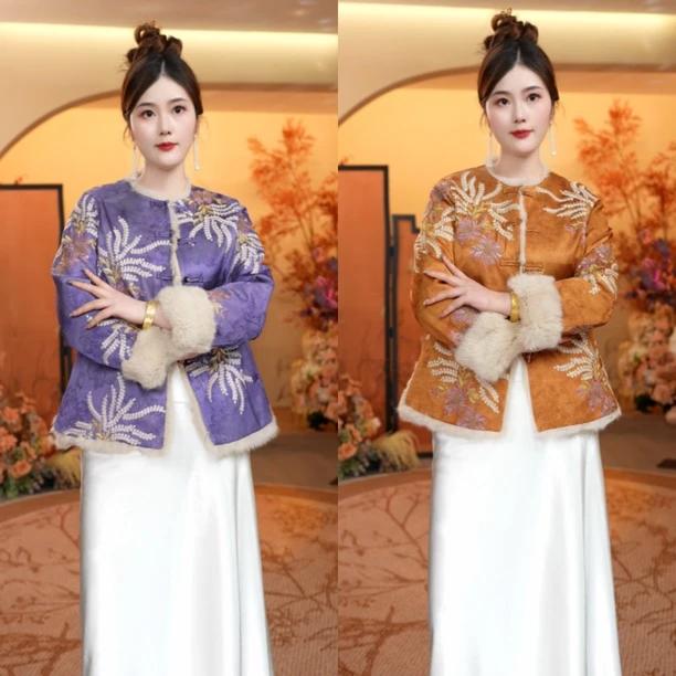 【沉香】2025重工冬季双面双穿厚款新中式国风兔毛保暖上衣外套