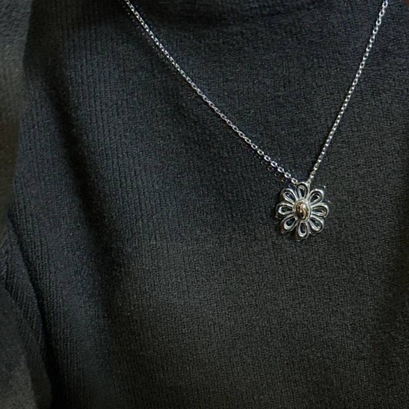 坠链均925银 韩版小众设计感金银撞色雏菊项链韩式风春夏款锁骨链