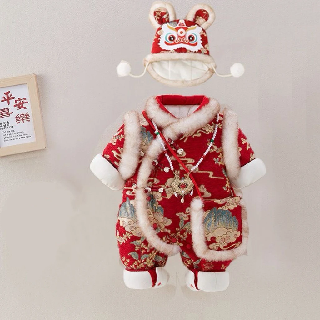 婴幼儿冬季加棉加厚连体衣中国风满月新年外出爬服祥云兔前开哈衣