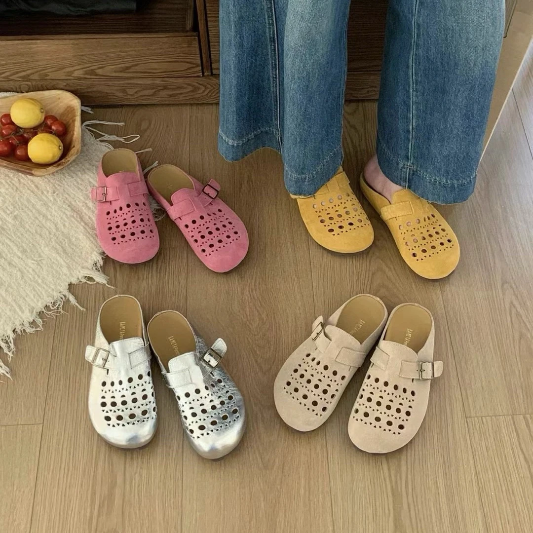 真皮镂空透气复古勃肯包头拖鞋女外穿2025夏一脚蹬博肯潮 918-1
