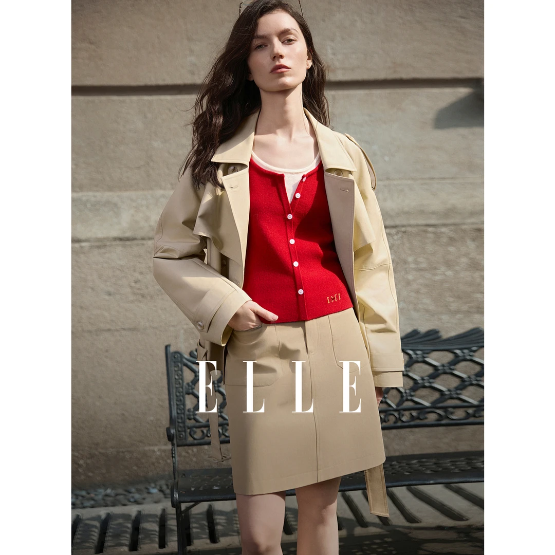 ELLE女装法式卡其色短款风衣外套26春新款翻领廓形上衣ED63463