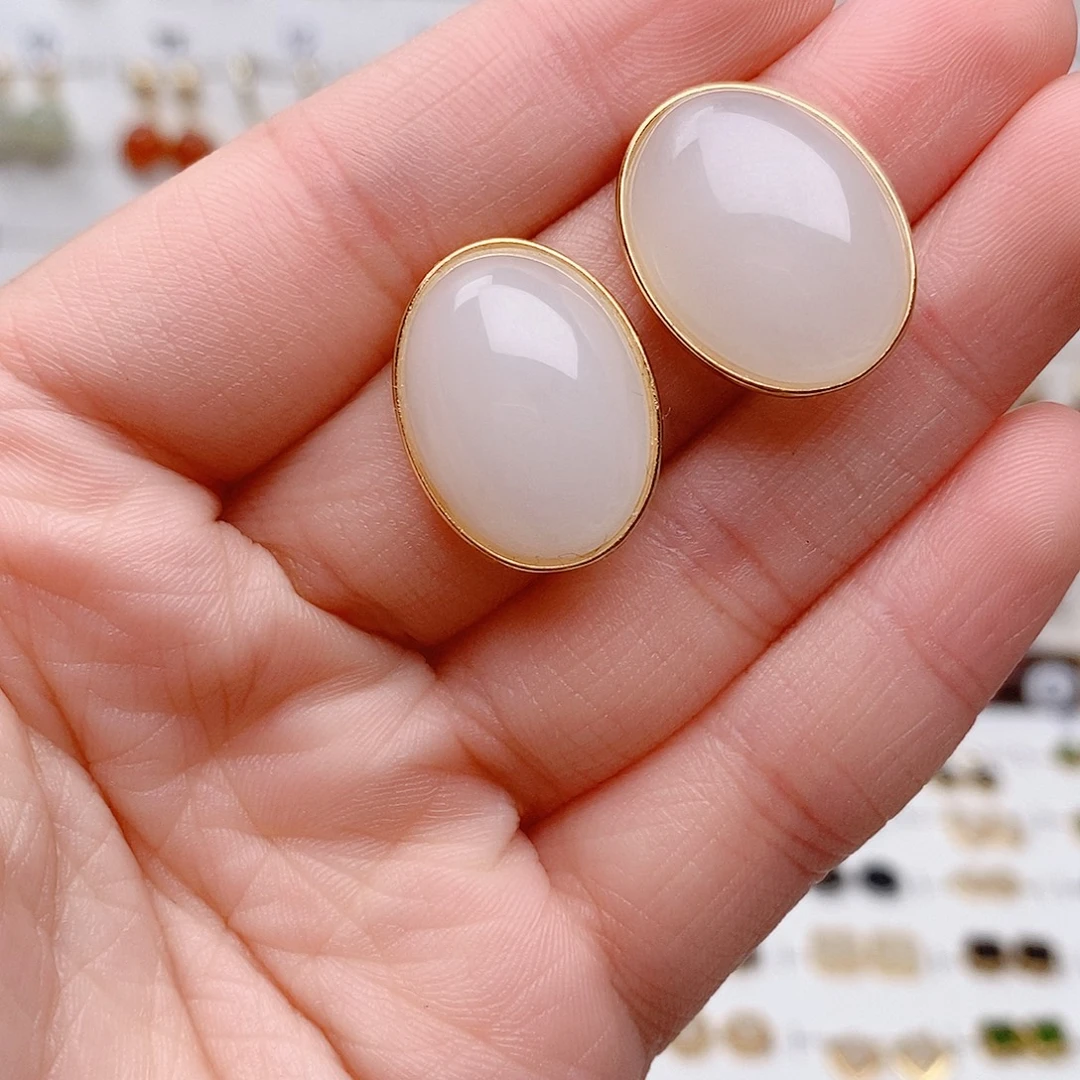 和田玉银S925镶嵌耳饰