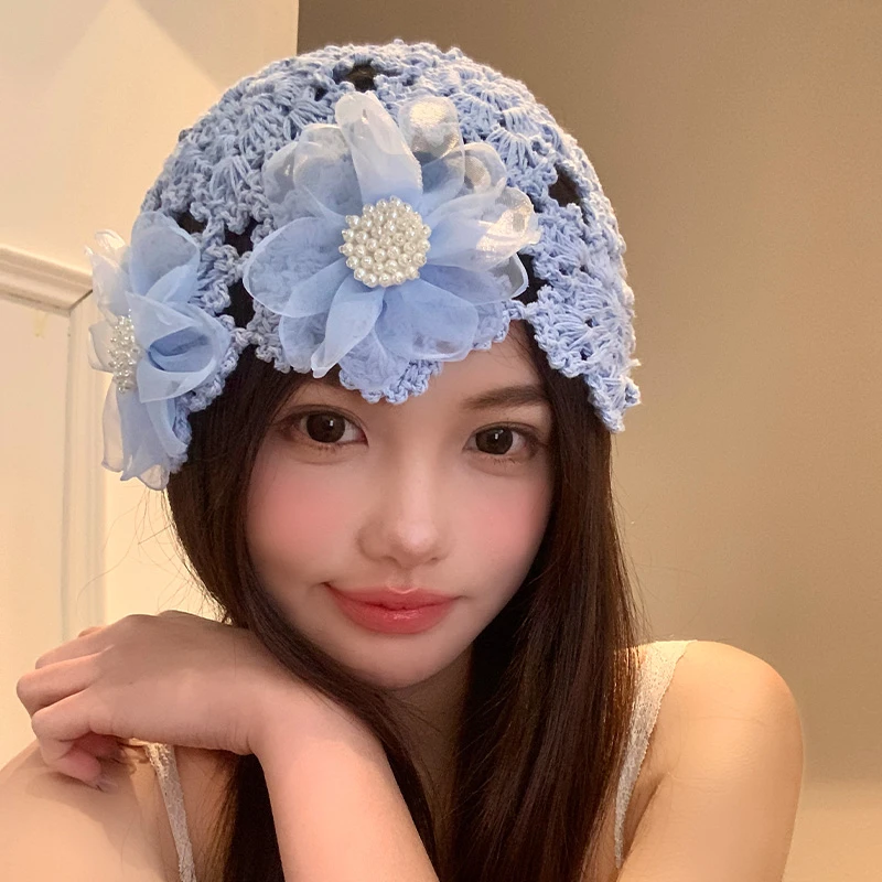 立体珍珠花朵针织帽子女春夏小众设计镂空帽薄款显脸小百搭包头帽