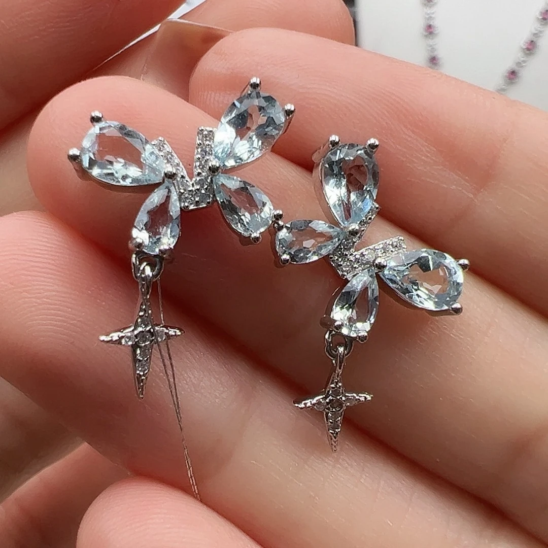 耳坠银S925镶嵌海蓝宝石