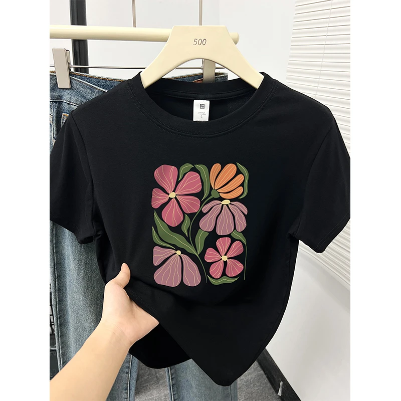 韩系ins时尚减龄印花设计感正肩短袖t恤女夏新款小个子休闲百搭潮