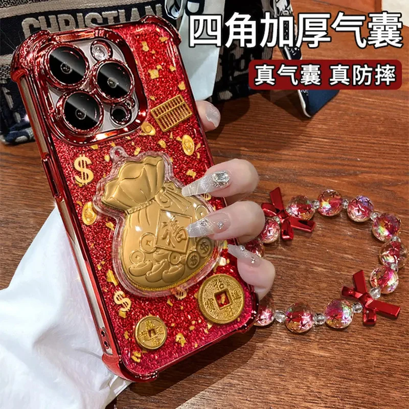 金币福袋适用苹果17VIVO华为OPPO小米iPhone16电镀防摔支架手机壳