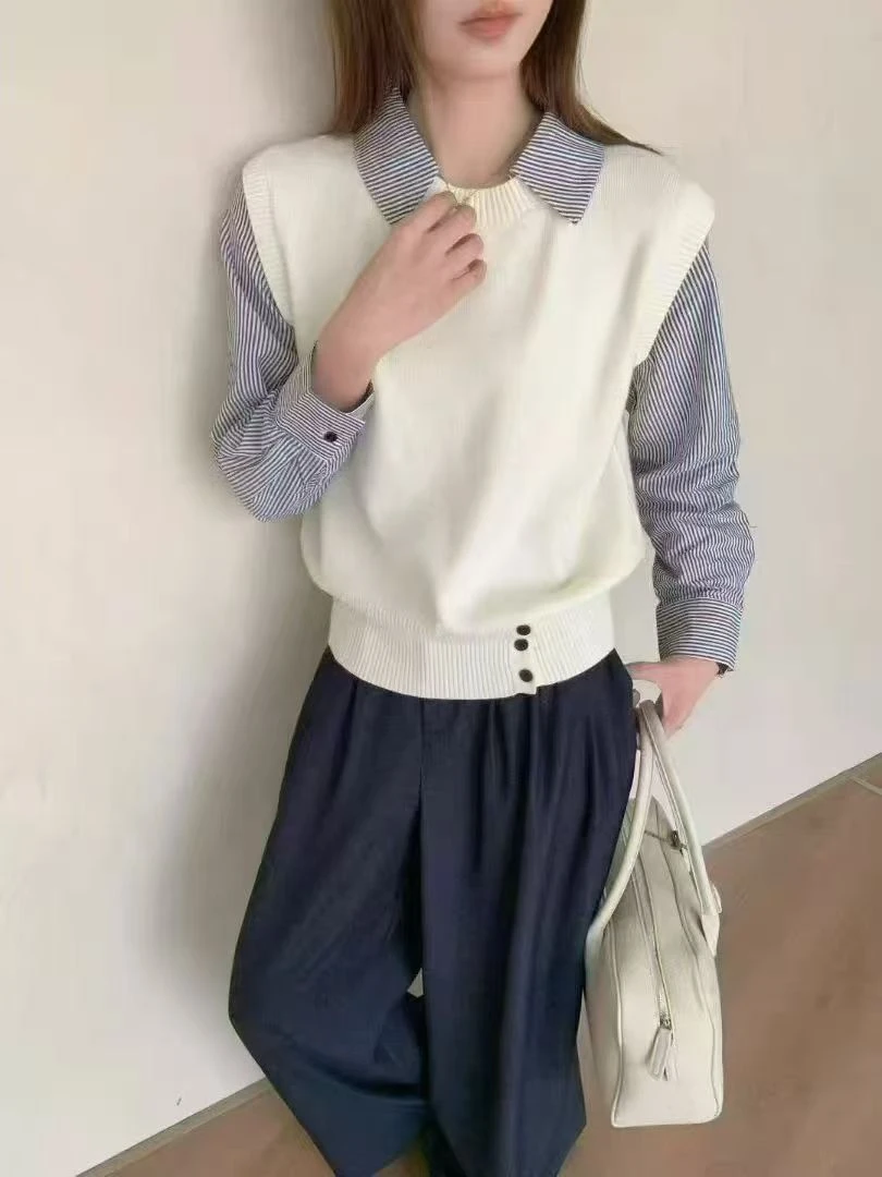 翻领针织条纹百搭套头拼接宽松衬衫韩版网红衬衣休闲长袖假两件