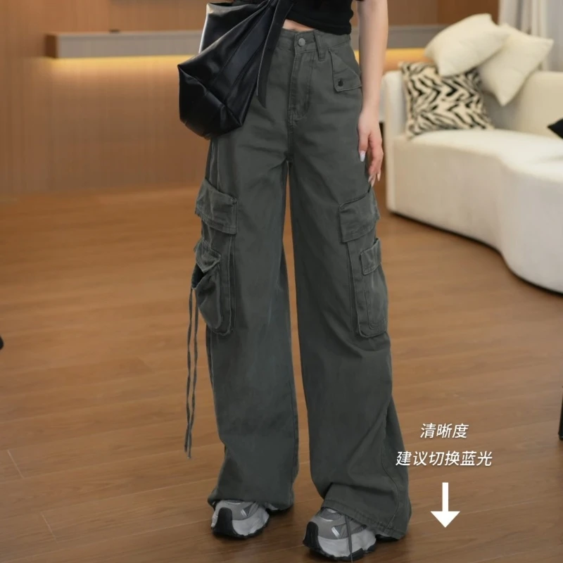 新款美式复古多口袋牛仔工装裤女宽松直筒拖地长裤LK2505291