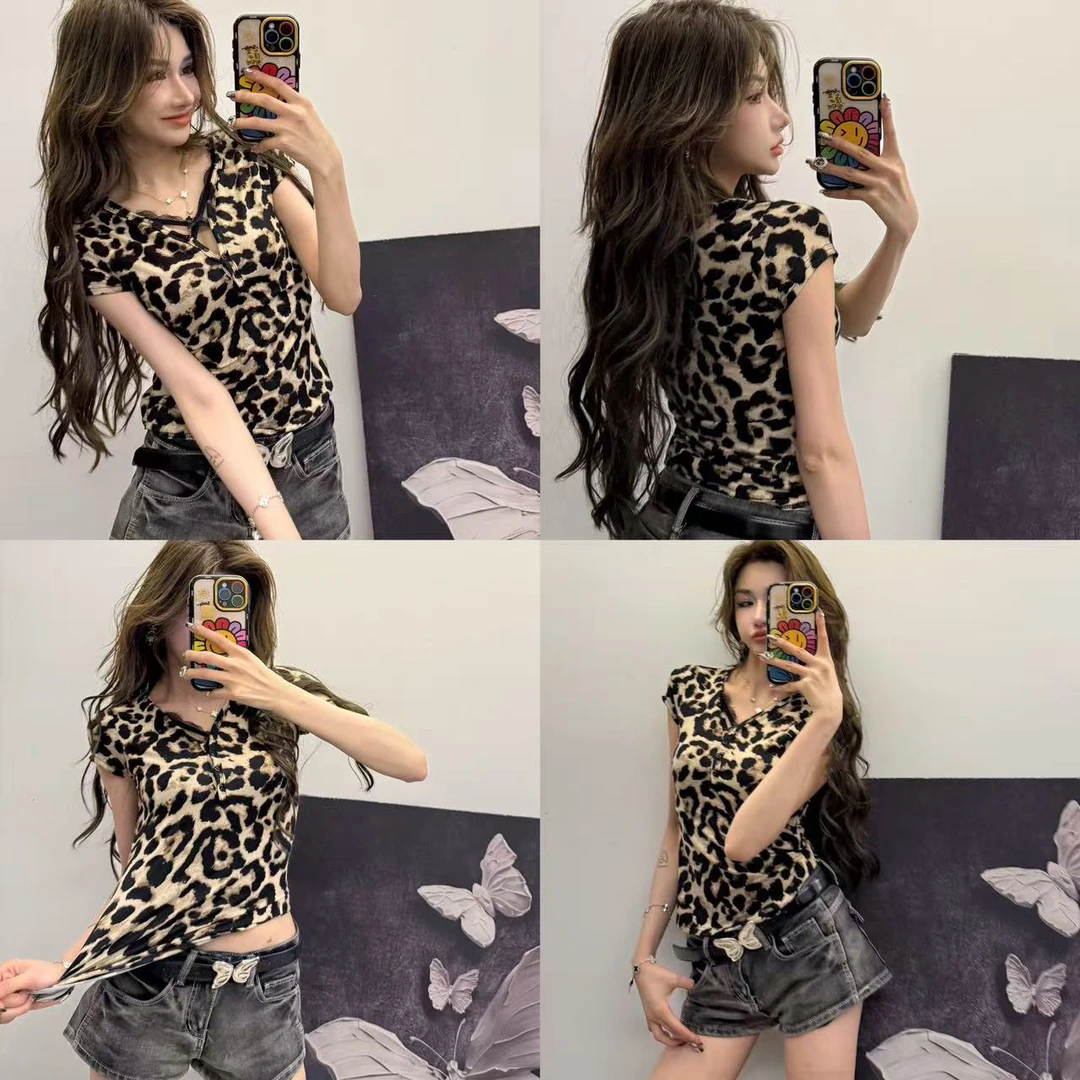 （浠儿家）纯欲豹纹短袖T恤女新款夏季爆款美式辣妹修身短款小上衣