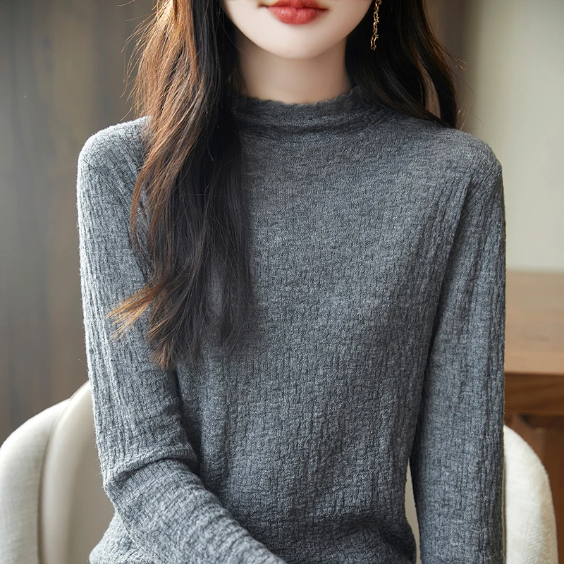 精纺羊毛女士半高领褶皱针织衫女长袖内搭舒适打底衫