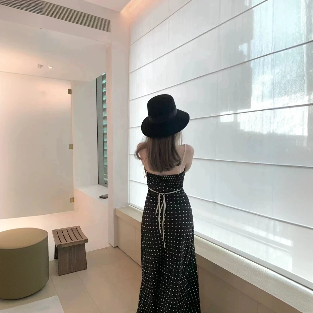黑色波点长裙子法式女收腰显瘦气质高级感抹胸长裙夏