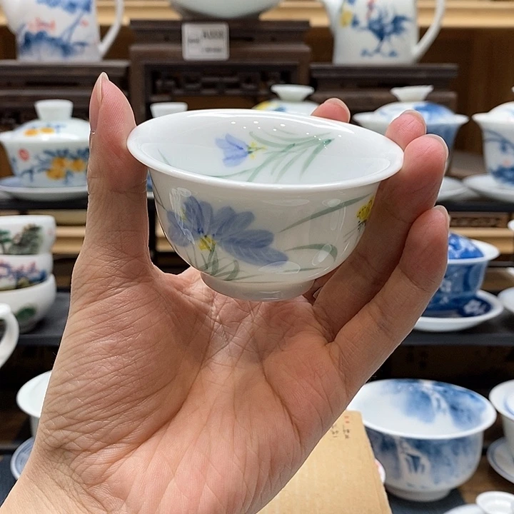 手绘蝴蝶兰压手杯85cc釉下彩微瑕福利款