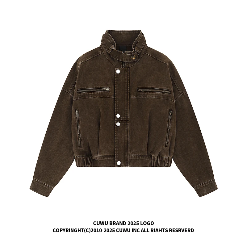 cuwu美式复古短款机车夹克外套女秋季美拉德修身显瘦工装牛仔上衣