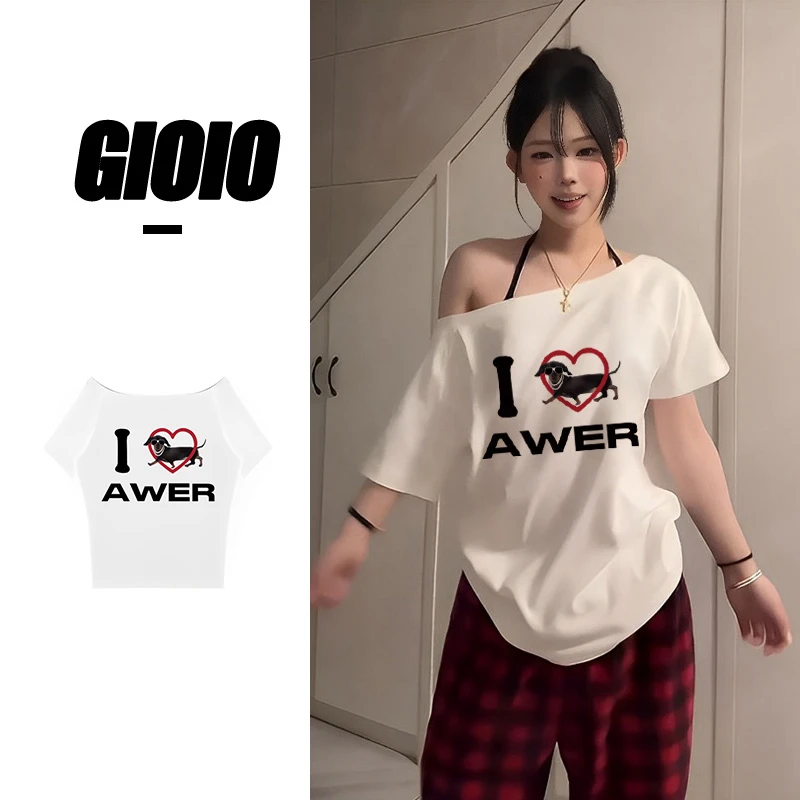 夏季短袖辣妹风时尚设计感小众印花百搭修身显瘦斜肩U领T恤