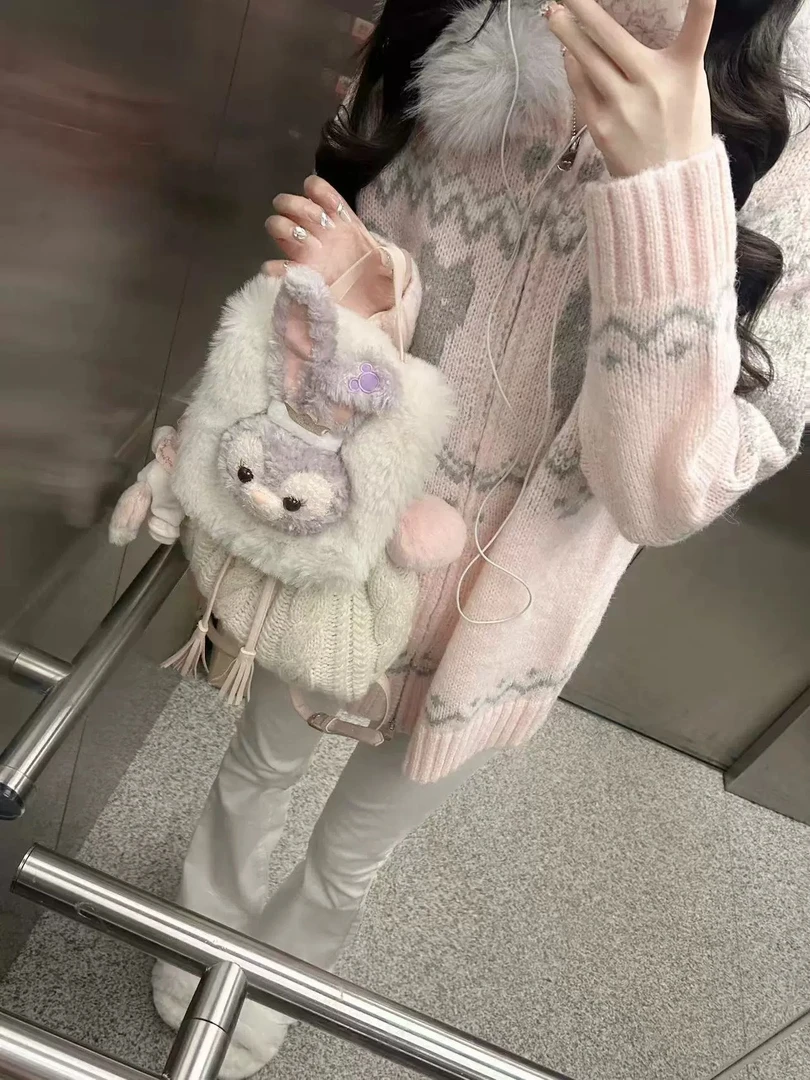 费尔岛连帽拉链小猫毛衣开衫外套女秋冬学院风粉色卡通提花针织衫
