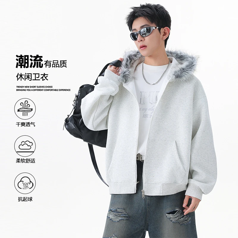 2025优续美式复古毛领开衫连帽卫衣外套男女秋季潮牌情侣装上衣