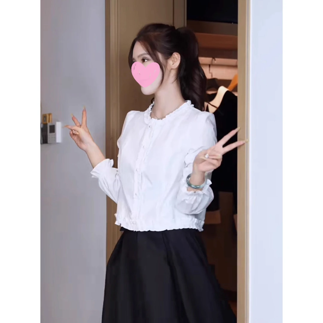 张元一同款女装小个子衬衫女秋季花边领绝美小衫小众设计白色上衣