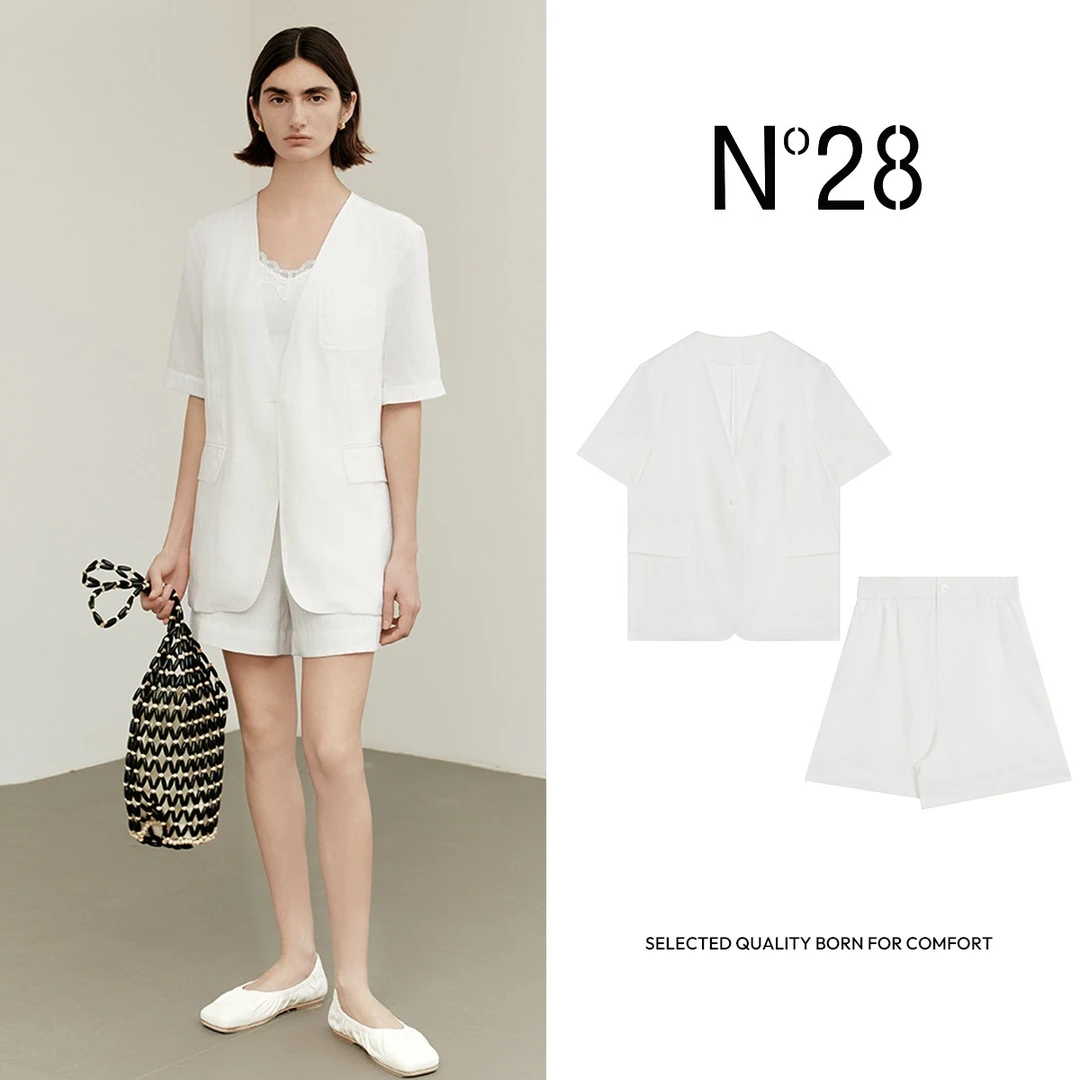 N°28短裤套装2025白色法式轻薄短袖外套女夏季休闲上衣短裤两件套