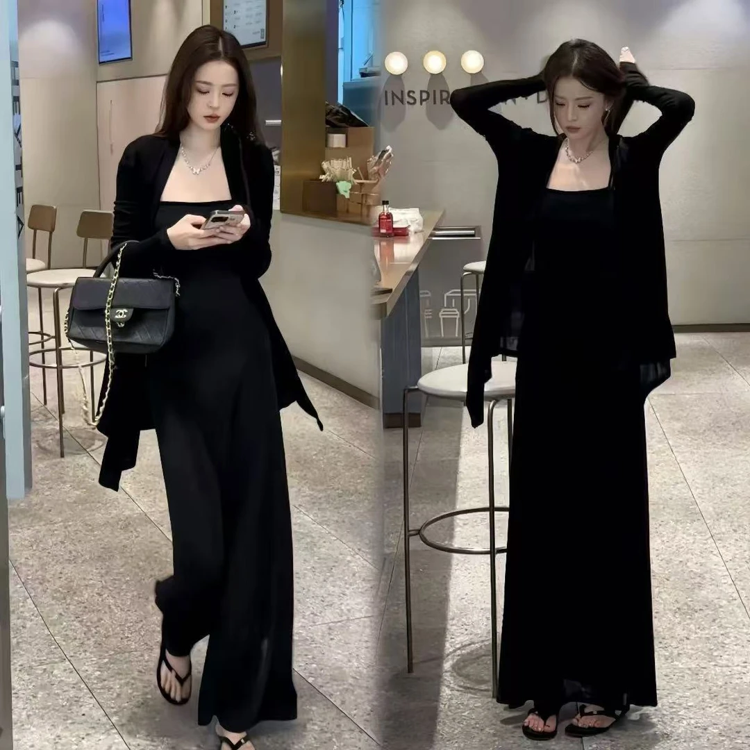 网红爆款时尚套装2025夏新款法式气质开衫+冰丝吊带两件套连衣裙