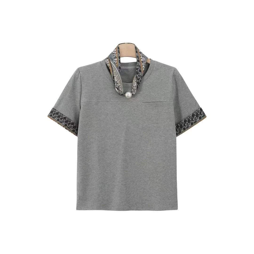 黑白灰女士拼接棉百搭圆领复古短袖杂志风T恤磁吸仿珍珠项链丝带