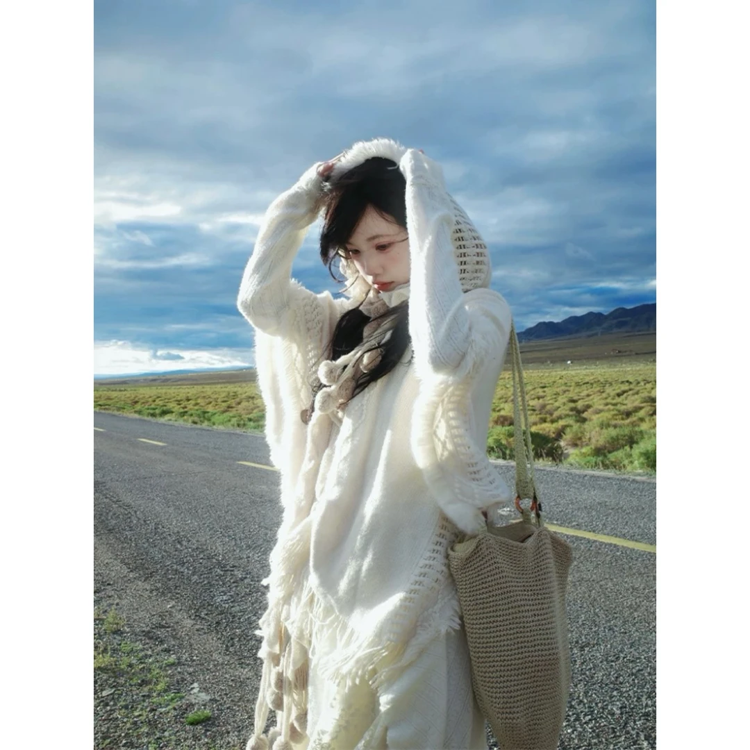 白色森系斗篷披肩百搭流苏毛衣针织衫草原旅行波西米亚披风围巾